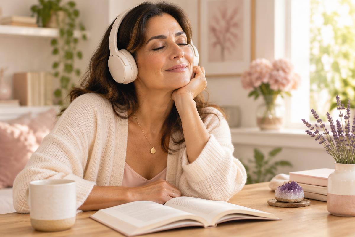 Mulher de fones de ouvido, olhos fechados, ouvindo a interpretação do seu mapa
